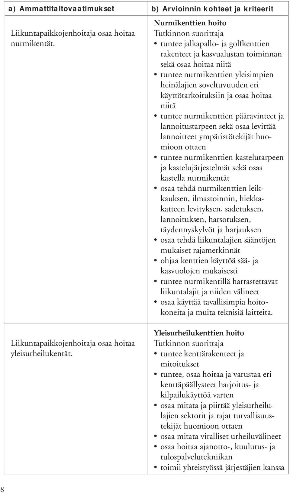 soveltuvuuden eri käyttötarkoituksiin ja osaa hoitaa niitä tuntee nurmikenttien pääravinteet ja lannoitustarpeen sekä osaa levittää lannoitteet ympäristötekijät huomioon ottaen tuntee nurmikenttien