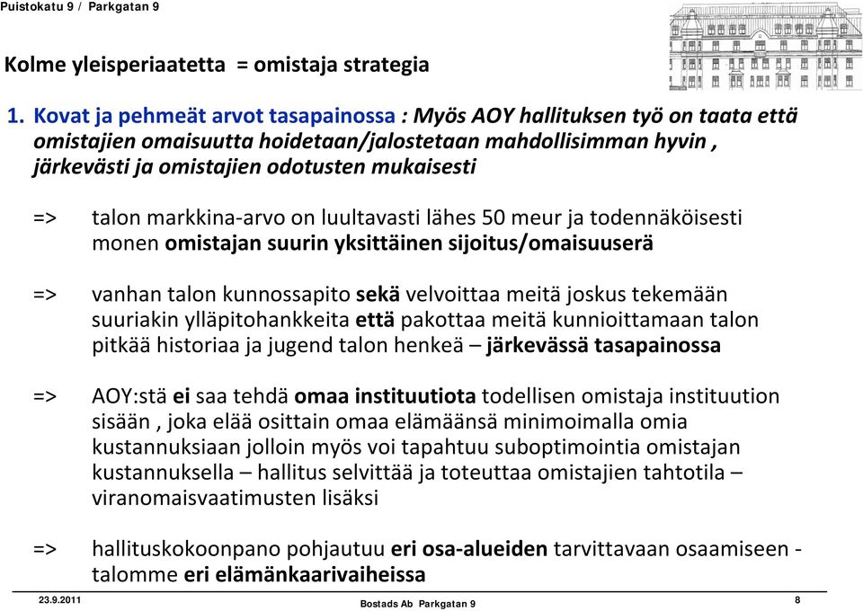 markkina arvo on luultavasti lähes 50 meur ja todennäköisesti monen omistajan suurin yksittäinen sijoitus/omaisuuserä => vanhan talon kunnossapito sekä velvoittaa meitä joskus tekemään suuriakin