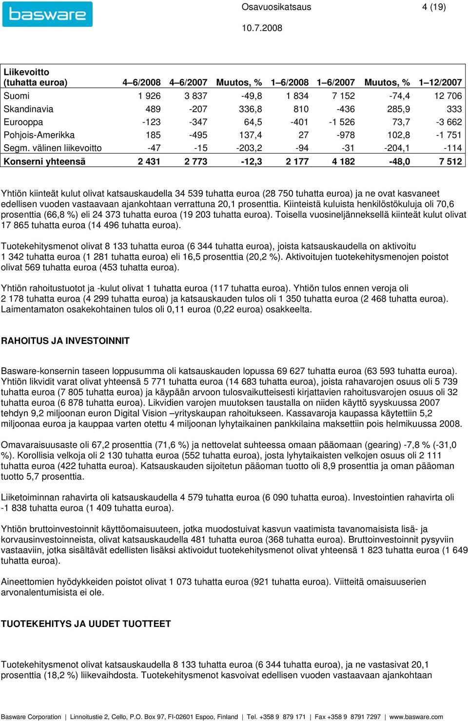 välinen liikevoitto -47-15 -203,2-94 -31-204,1-114 Konserni yhteensä 2 431 2 773-12,3 2 177 4 182-48,0 7 512 Yhtiön kiinteät kulut olivat katsauskaudella 34 539 tuhatta euroa (28 750 tuhatta euroa)