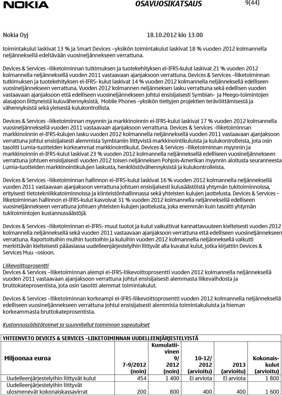 Devices & Services liiketoiminnan tutkimuksen ja tuotekehityksen ei-ifrs-kulut laskivat 21 % vuoden kolmannella neljänneksellä vuoden vastaavaan ajanjaksoon verrattuna.