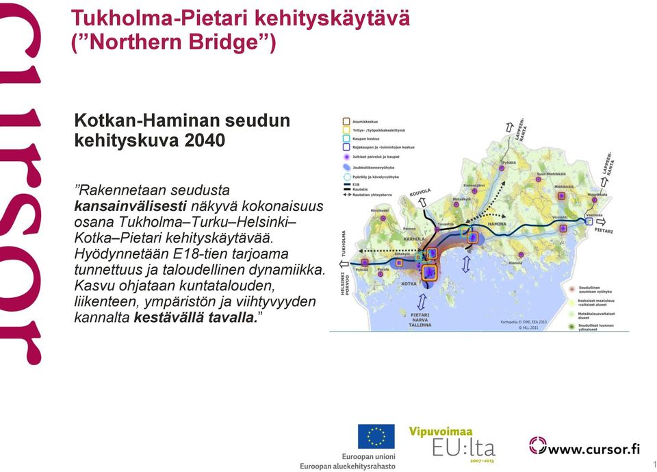Pietari kehityskäytävää. Hyödynnetään E18-tien tarjoama tunnettuus ja taloudellinen dynamiikka.