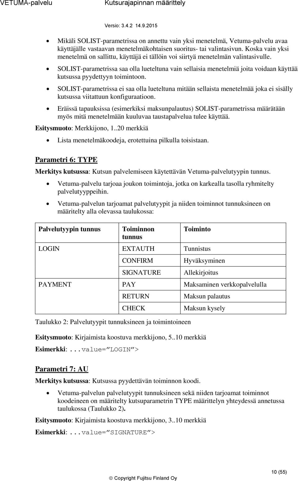 SOLIST-parametrissa saa lla lueteltuna vain sellaisia menetelmiä jita vidaan käyttää kutsussa pyydettyyn timintn.