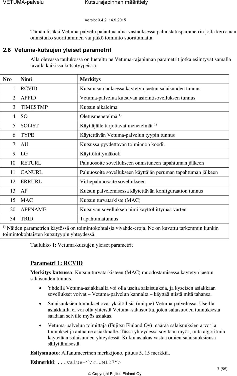sujauksessa käytetyn jaetun salaisuuden tunnus 2 APPID Vetuma-palvelua kutsuvan asiintisvelluksen tunnus 3 TIMESTMP Kutsun aikaleima 4 SO Oletusmenetelmä 1) 5 SOLIST Käyttäjälle tarjttavat menetelmät
