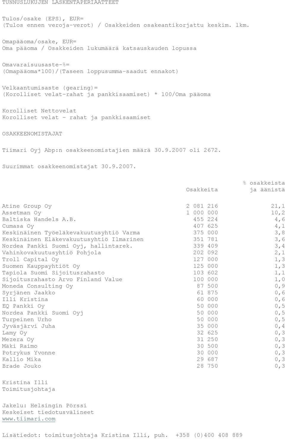 rahat ja pankkisaamiset) * 100/Oma pääoma Korolliset Nettovelat Korolliset velat rahat ja pankkisaamiset OSAKKEENOMISTAJAT Tiimari Oyj Abp:n osakkeenomistajien määrä 30.9.2007 oli 2672.