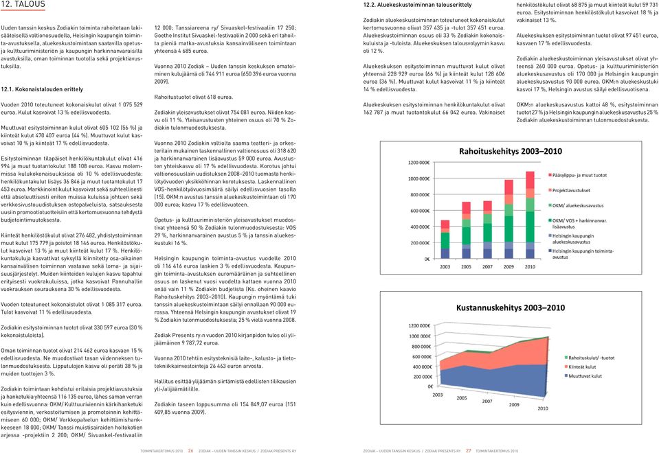 .1. Kokonaistalouden erittely Vuoden 2010 toteutuneet kokonaiskulut olivat 1 075 529 euroa. Kulut kasvoivat 13 % edellisvuodesta.