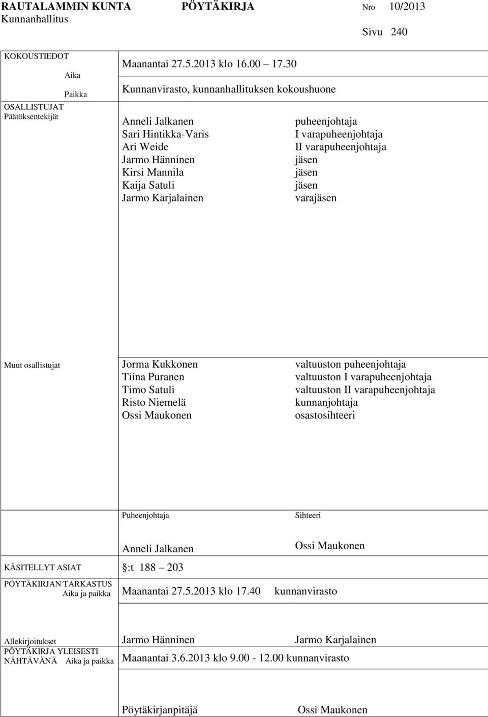 varapuheenjohtaja jäsen jäsen jäsen varajäsen Muut osallistujat Jorma Kukkonen Tiina Puranen Timo Satuli Risto Niemelä Ossi Maukonen valtuuston puheenjohtaja valtuuston I varapuheenjohtaja valtuuston