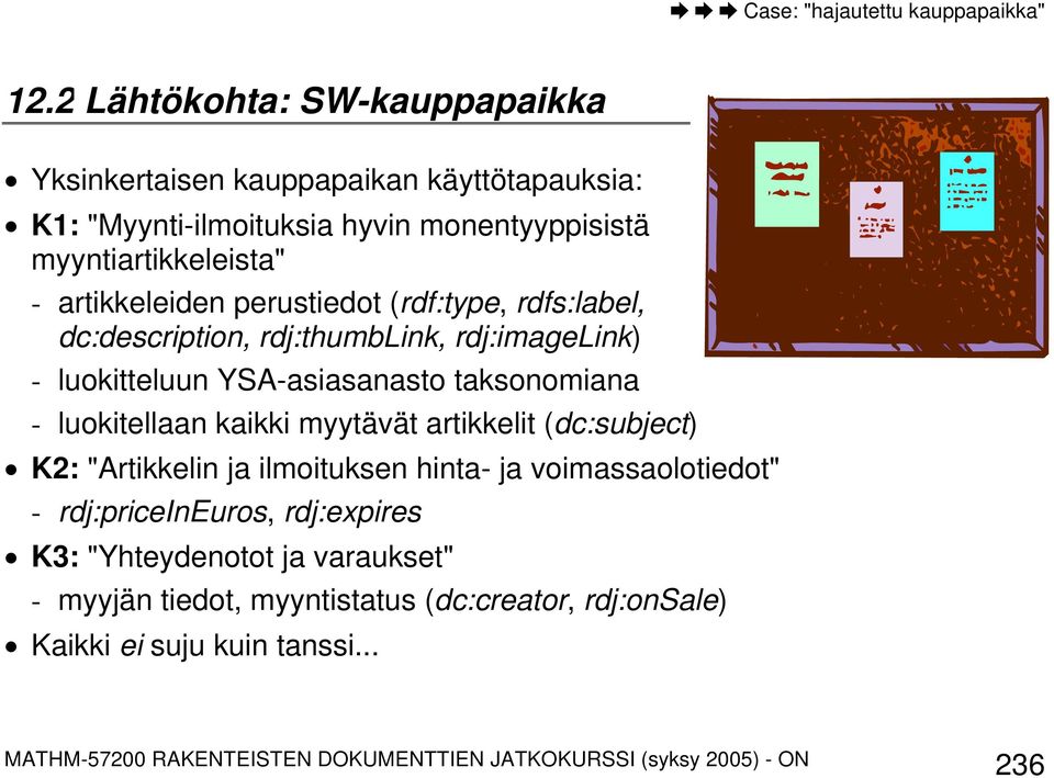 kaikki myytävät artikkelit (dc:subject) K2: "Artikkelin ja ilmoituksen hinta- ja voimassaolotiedot" - rdj:priceineuros, rdj:expires K3: "Yhteydenotot ja