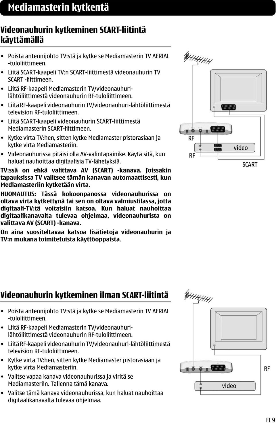 Liitä RF-kaapeli videonauhurin TV/videonauhuri-lähtöliittimestä television RF-tuloliittimeen. Liitä SCART-kaapeli videonauhurin SCART-liittimestä Mediamasterin SCART-liittimeen.