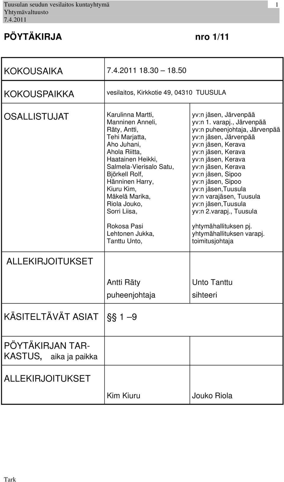 Björkell Rolf, Hänninen Harry, Kiuru Kim, Mäkelä Marika, Riola Jouko, Sorri Liisa, Rokosa Pasi Lehtonen Jukka, Tanttu Unto, yv:n jäsen, Järvenpää yv:n 1. varapj.