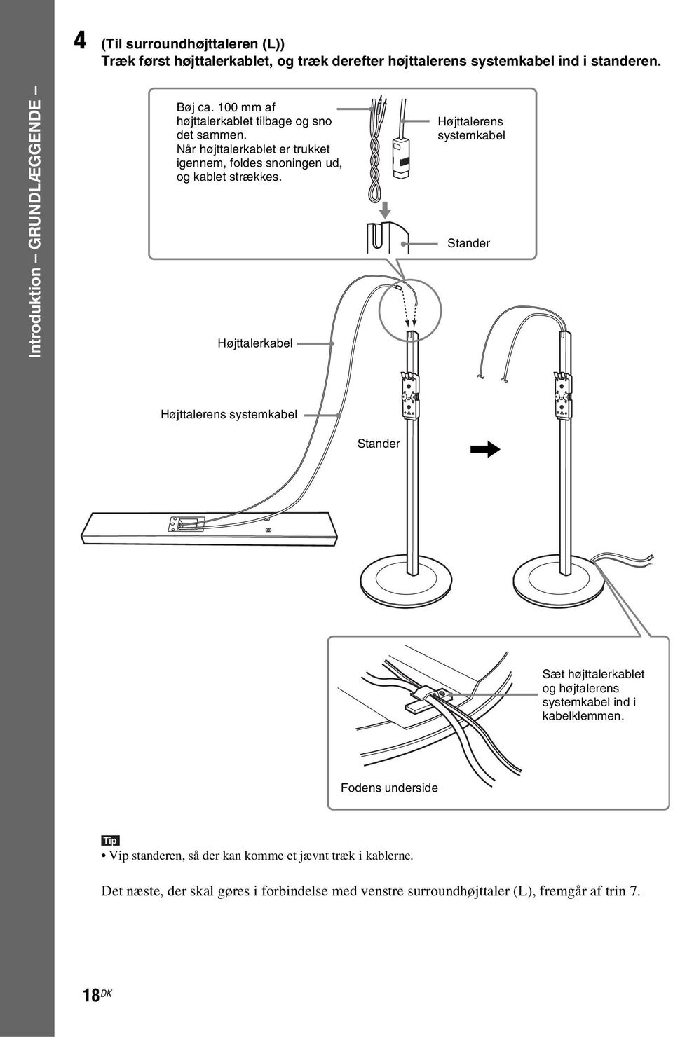 Højttalerkabel Højttalerens systemkabel Stander Højttalerens systemkabel Stander, Sæt højttalerkablet og højtalerens systemkabel ind i kabelklemmen.