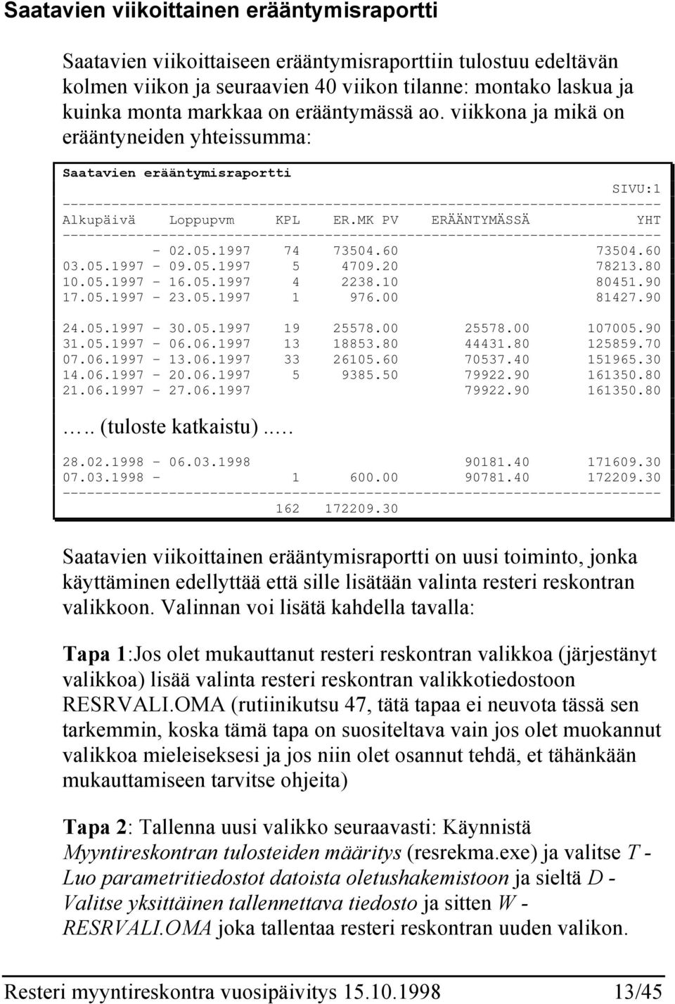 MK PV ERÄÄNTYMÄSSÄ YHT ------------------------------------------------------------------------- - 02.05.1997 74 73504.60 73504.60 03.05.1997-09.05.1997 5 4709.20 78213.80 10.05.1997-16.05.1997 4 2238.