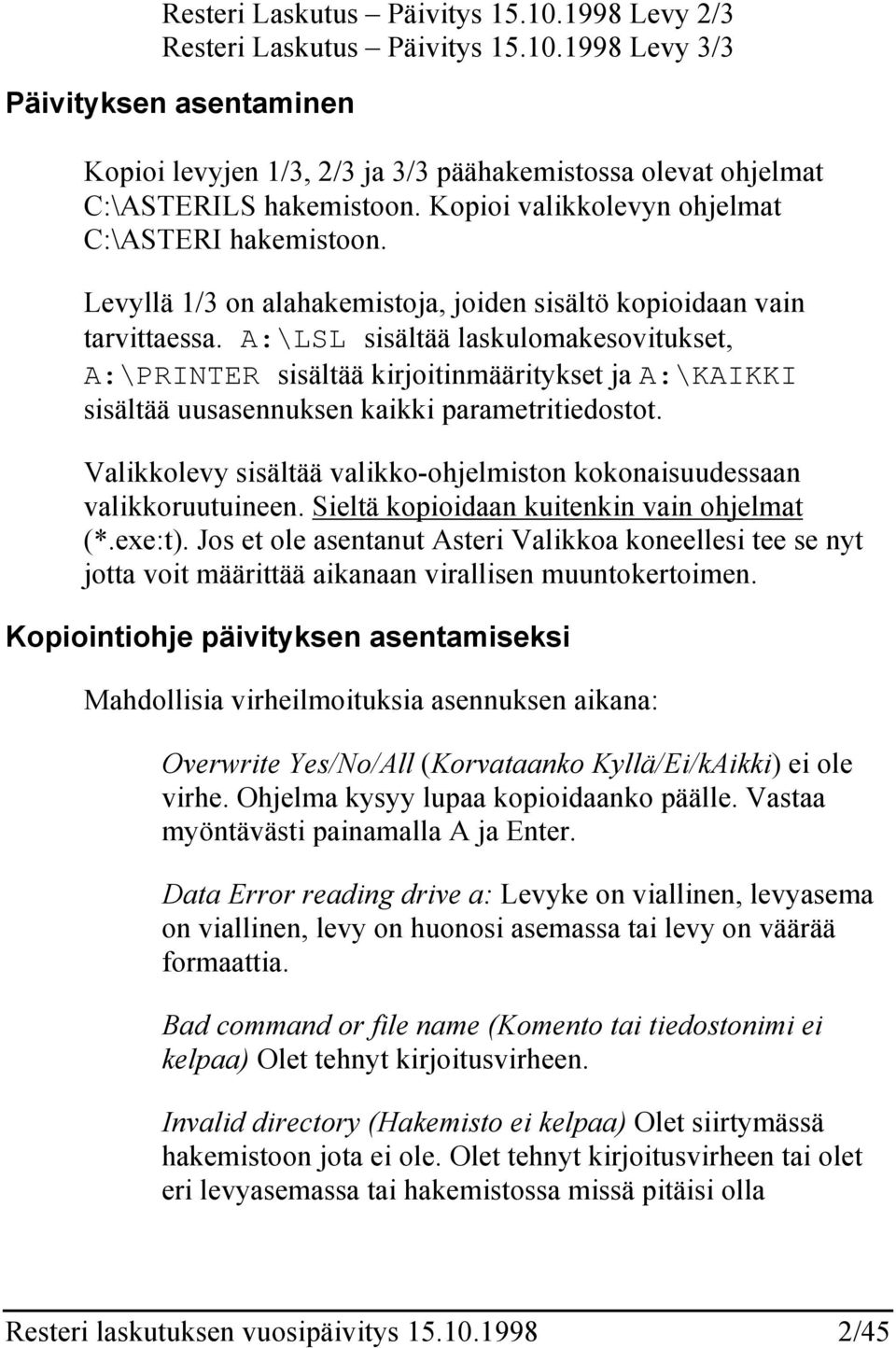 A:\LSL sisältää laskulomakesovitukset, A:\PRINTER sisältää kirjoitinmääritykset ja A:\KAIKKI sisältää uusasennuksen kaikki parametritiedostot.