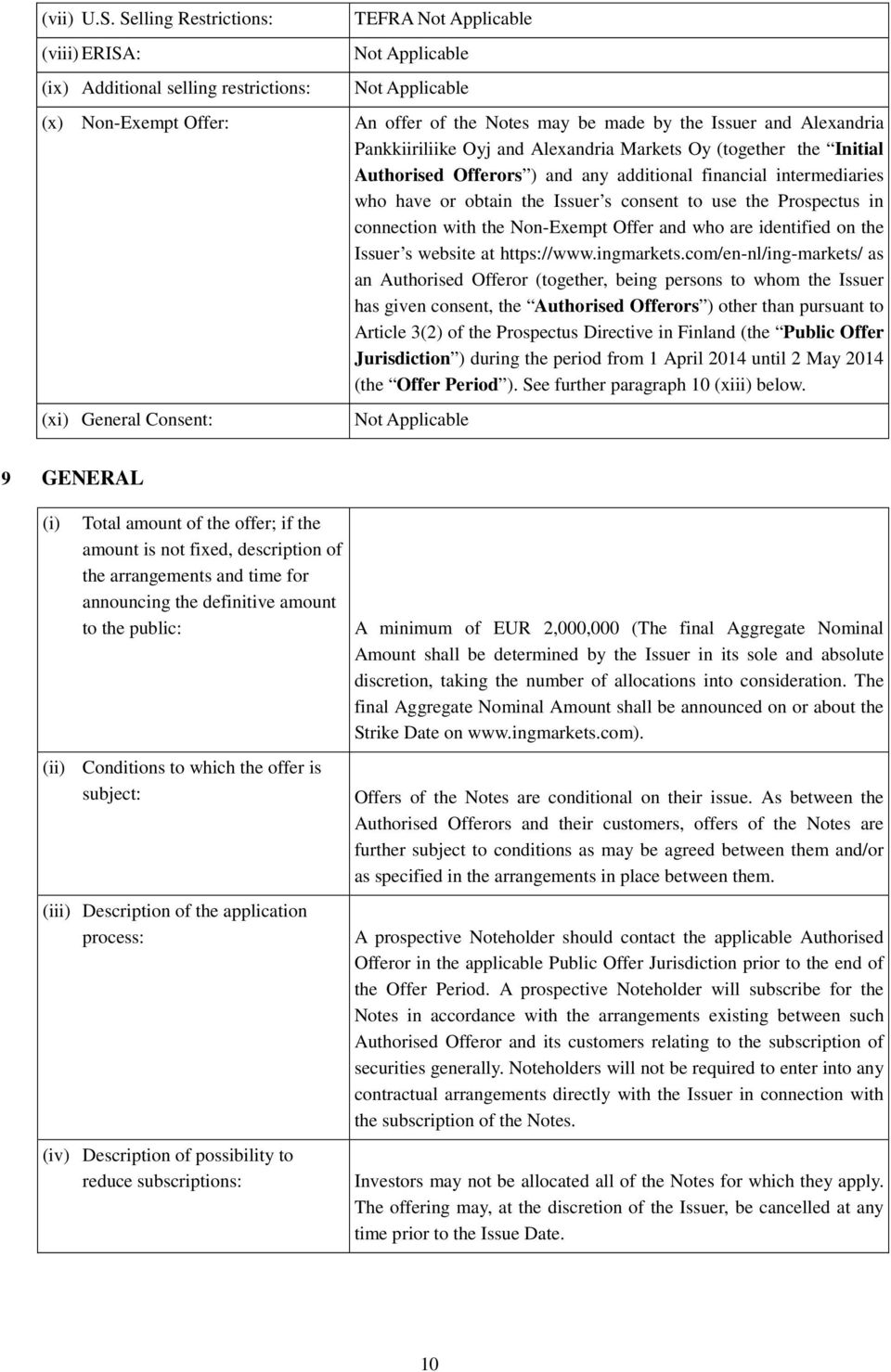 Pankkiiriliike Oyj and Alexandria Markets Oy (together the Initial Authorised Offerors ) and any additional financial intermediaries who have or obtain the Issuer s consent to use the Prospectus in