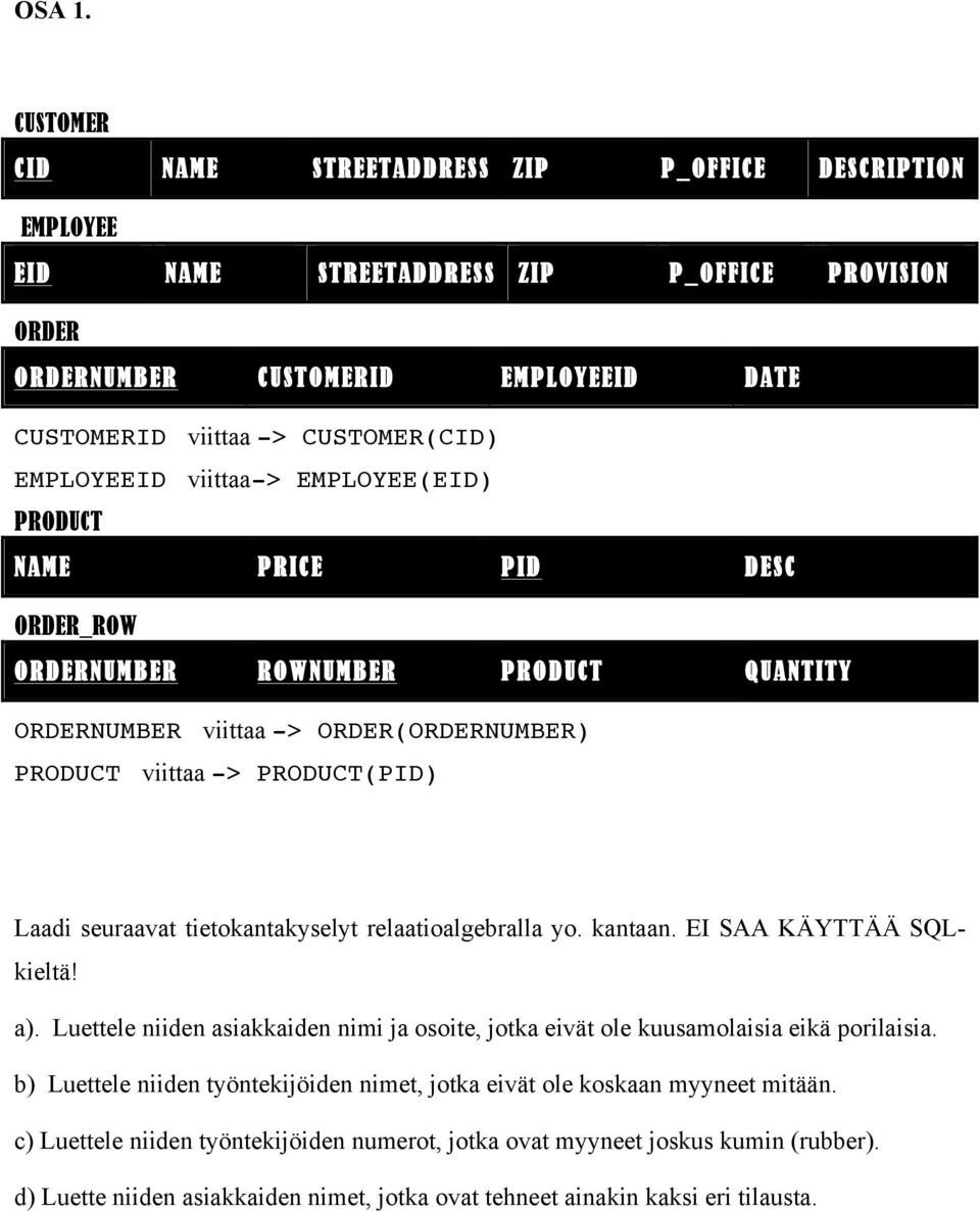 EMPLOYEEID viittaa-> EMPLOYEE(EID) PRODUCT NAME PRICE PID DESC ORDER_ROW ORDERNUMBER ROWNUMBER PRODUCT QUANTITY ORDERNUMBER viittaa -> ORDER(ORDERNUMBER) PRODUCT viittaa -> PRODUCT(PID) Laadi