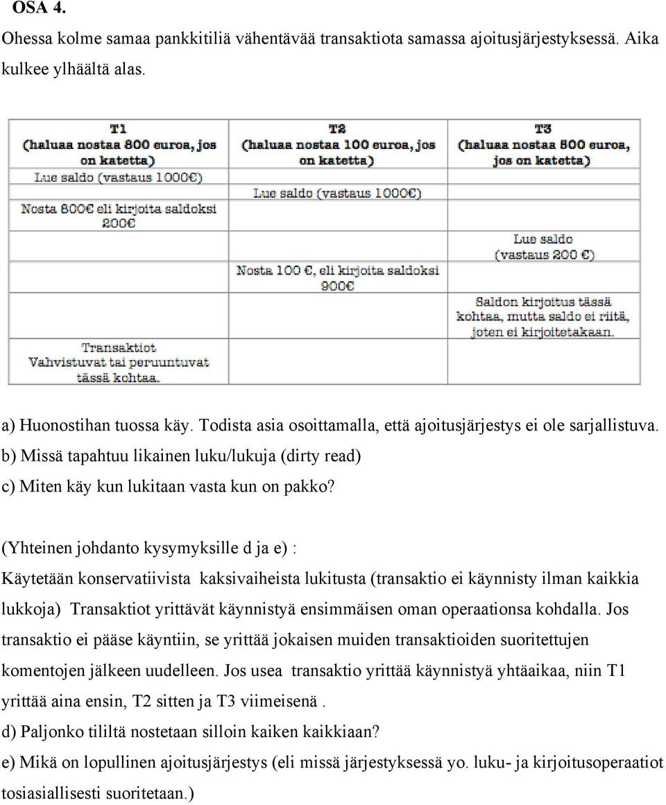 (Yhteinen johdanto kysymyksille d ja e) : Käytetään konservatiivista kaksivaiheista lukitusta (transaktio ei käynnisty ilman kaikkia lukkoja) Transaktiot yrittävät käynnistyä ensimmäisen oman