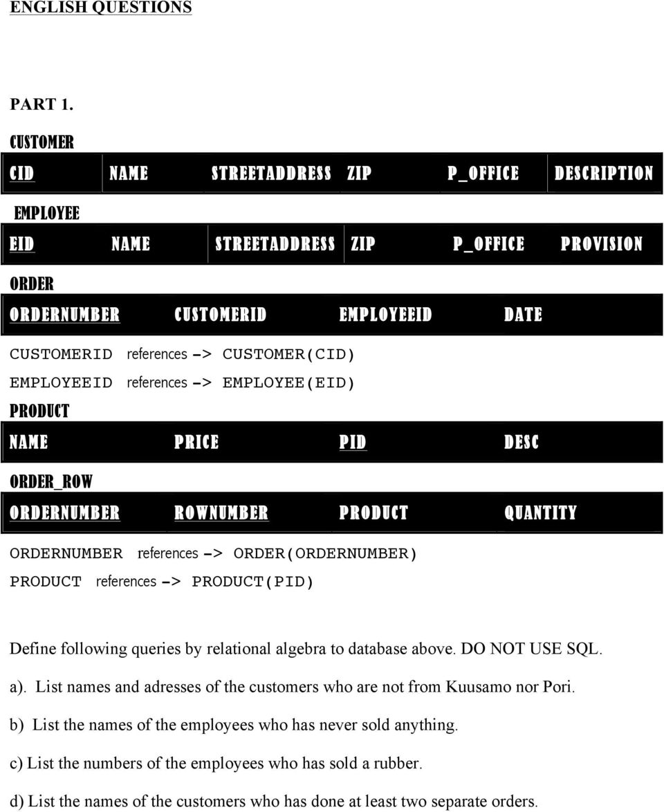 EMPLOYEEID references -> EMPLOYEE(EID) PRODUCT NAME PRICE PID DESC ORDER_ROW ORDERNUMBER ROWNUMBER PRODUCT QUANTITY ORDERNUMBER references -> ORDER(ORDERNUMBER) PRODUCT references -> PRODUCT(PID)