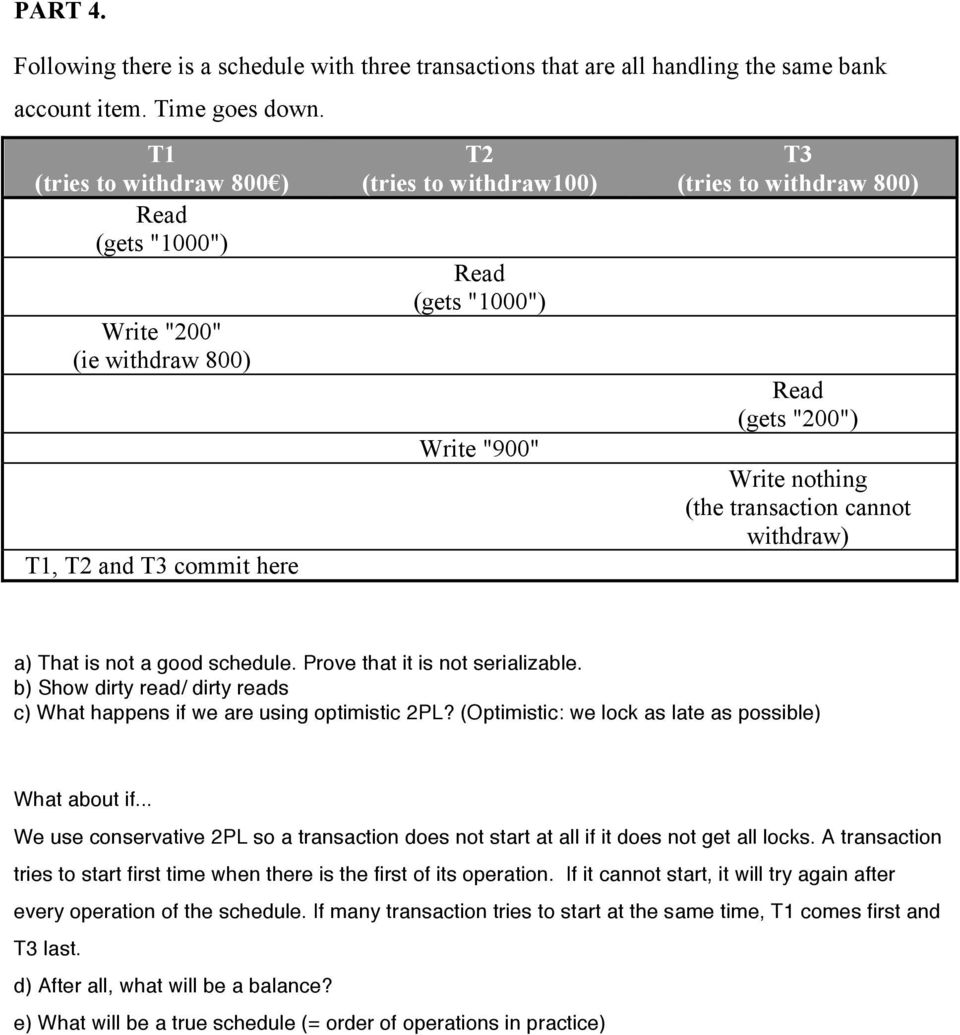 "200") Write nothing (the transaction cannot withdraw) a) That is not a good schedule. Prove that it is not serializable.