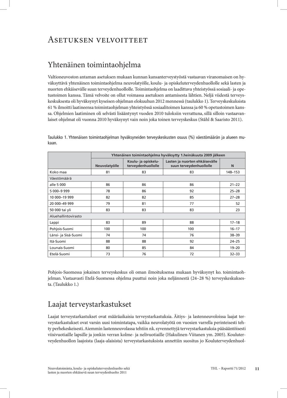 Tämä velvoite on ollut voimassa asetuksen antamisesta lähtien. Neljä viidestä terveyskeskuksesta oli hyväksynyt kyseisen ohjelman elokuuhun 2012 mennessä (taulukko 1).