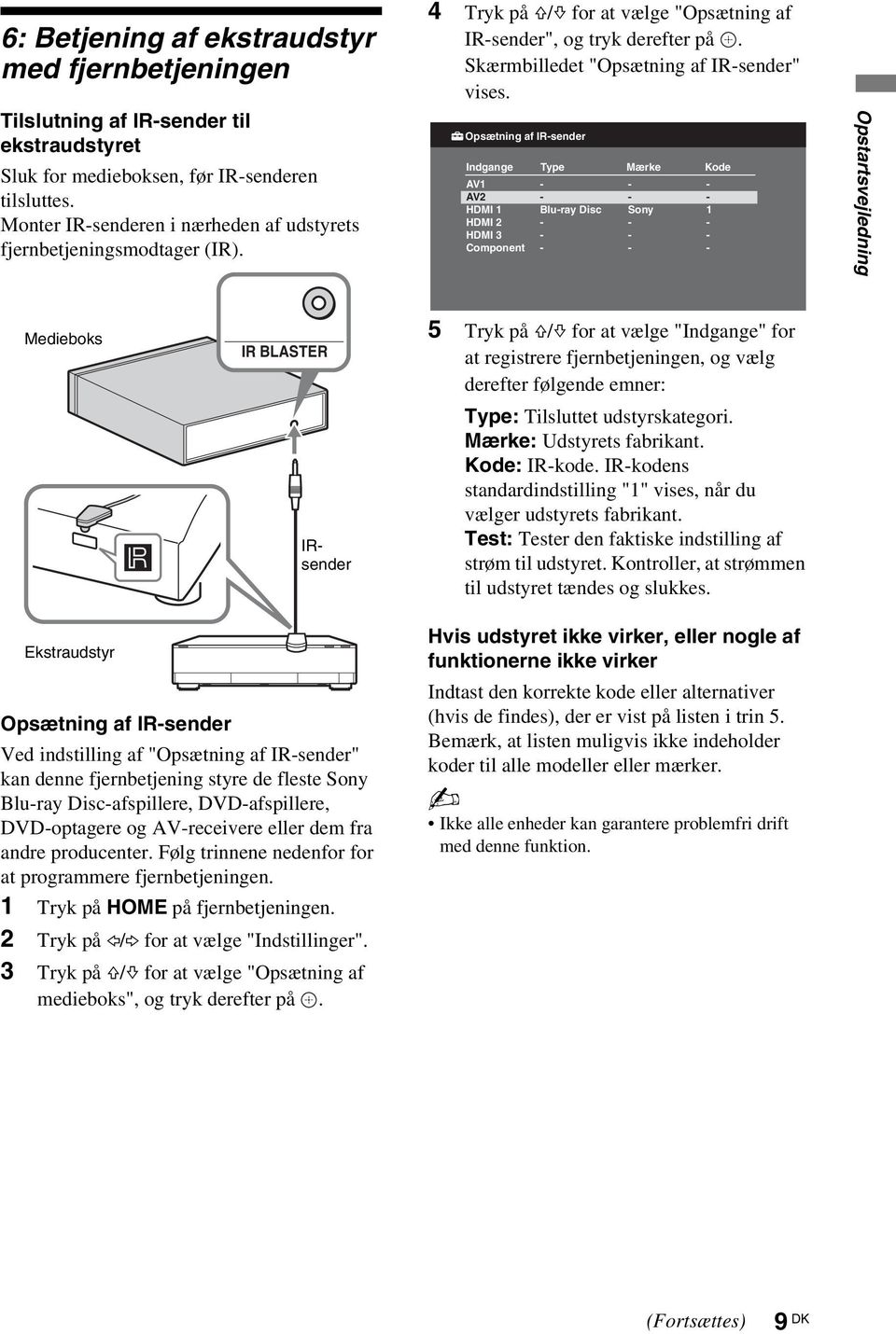 Opsætning af IR-sender Indgange Type Mærke Kode AV1 AV2 HDMI 1 HDMI 2 HDMI 3 Component - - Blu-ray Disc - - - - - Sony - - - - - 1 - - - Opstartsvejledning Medieboks IR BLASTER IRsender 5 Tryk på F/f