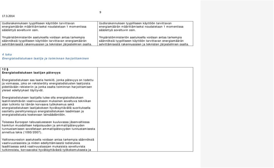 9   4 luku Energiatodistuksen laatija ja toiminnan harjoittaminen 12 Energiatodistuksen laatijan pätevyys Energiatodistuksen saa laatia henkilö, jonka pätevyys on todettu ja voimassa, joka on