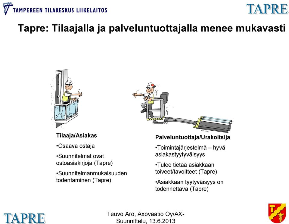 Suunnitelmat ovat ostoasiakirjoja (Tapre) Suunnitelmanmukaisuuden todentaminen (Tapre) Tulee