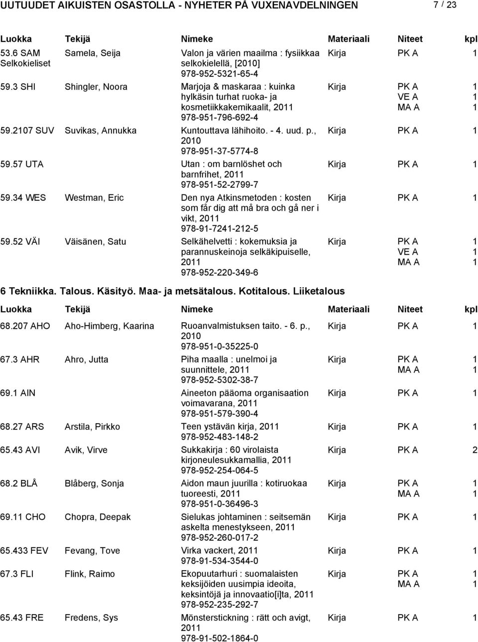 , 00 978-95-37-5774-8 59.57 UTA Utan : om barnlöshet och barnfrihet, 0 978-95-5-799-7 59.34 WES Westman, Eric Den nya Atkinsmetoden : kosten som får dig att må bra och gå ner i vikt, 0 978-9-74--5 59.