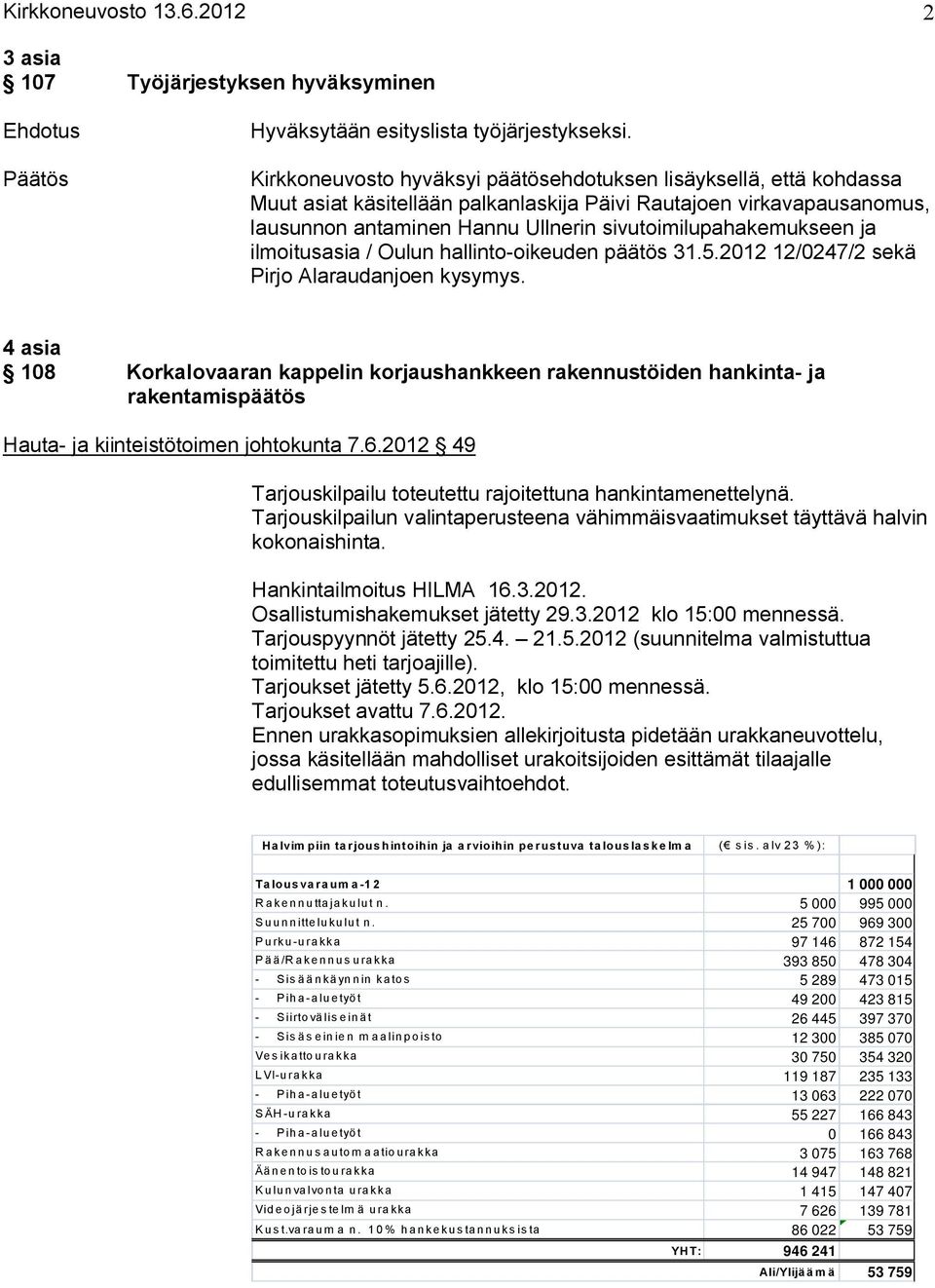 ja ilmoitusasia / Oulun hallinto oikeuden päätös 31.5.2012 12/0247/2 sekä Pirjo Alaraudanjoen kysymys.