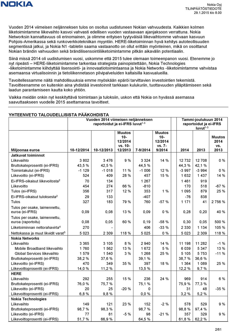 HERE-liiketoiminnan hyvä kehitys autoteollisuuden segmentissä jatkui, ja Nokia N1 -tabletin saama vastaanotto on ollut erittäin myönteinen, mikä on osoittanut Nokian brändin vahvuuden sekä