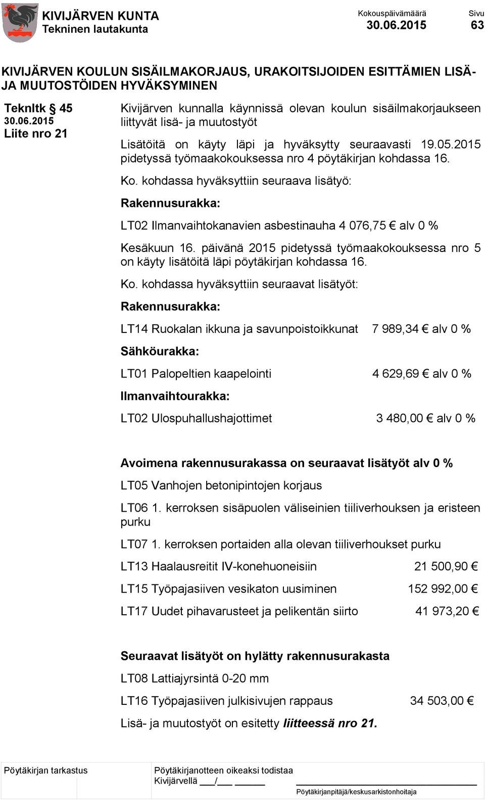 kohdassa hyväksyttiin seuraava lisätyö: Rakennusurakka: LT02 Ilmanvaihtokanavien asbestinauha 4 076,75 alv 0 % Kesäkuun 16.