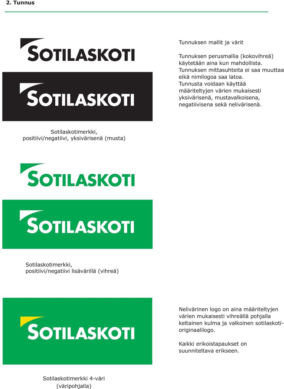 Tunnusta voidaan käyttää määriteltyjen värien mukaisesti yksivärisenä, mustavalkoisena, negatiivisena sekä nelivärisenä.