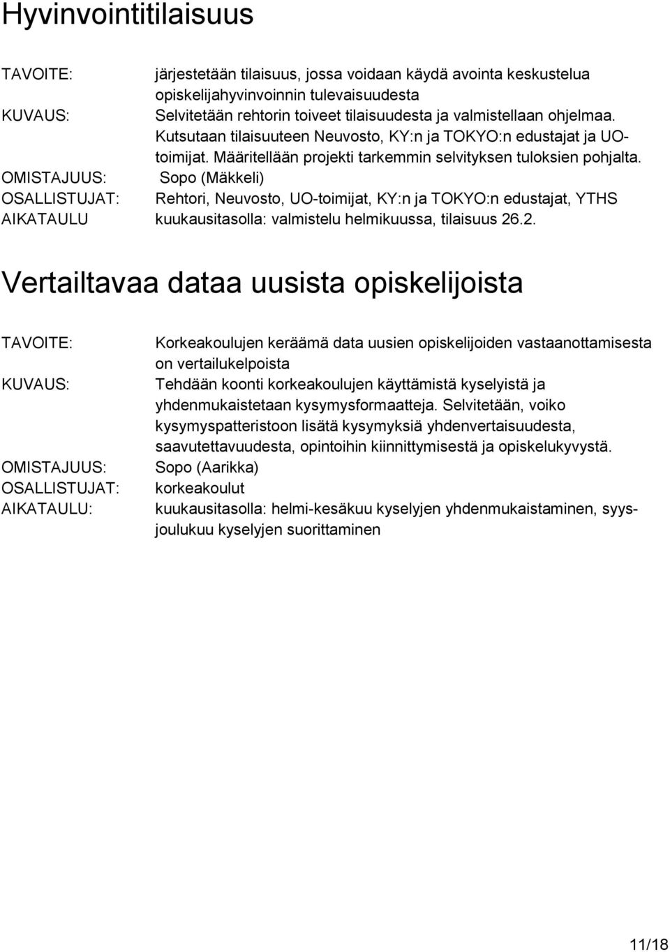 Sopo (Mäkkeli) Rehtori, Neuvosto, UO-toimijat, KY:n ja TOKYO:n edustajat, YTHS AIKATAULU kuukausitasolla: valmistelu helmikuussa, tilaisuus 26