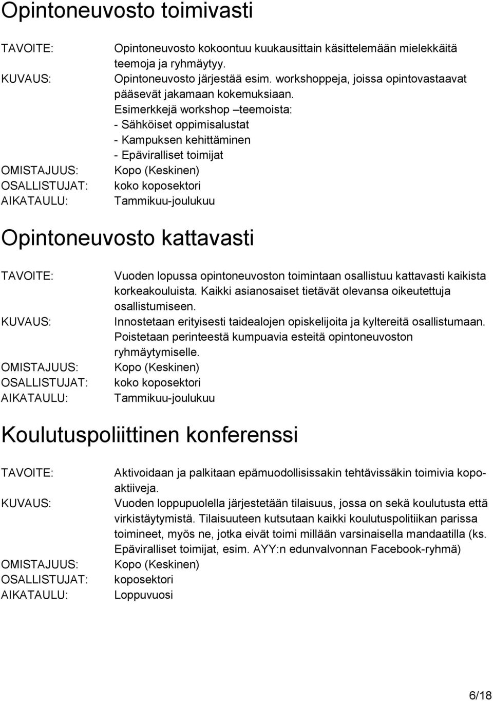 Esimerkkejä workshop teemoista: - Sähköiset oppimisalustat - Kampuksen kehittäminen - Epäviralliset toimijat Kopo (Keskinen) koko koposektori Tammikuu-joulukuu Opintoneuvosto kattavasti Vuoden