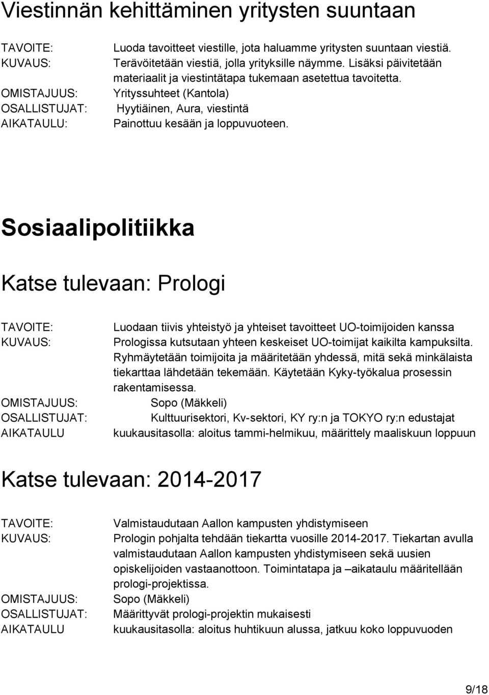 Sosiaalipolitiikka Katse tulevaan: Prologi AIKATAULU Luodaan tiivis yhteistyö ja yhteiset tavoitteet UO-toimijoiden kanssa Prologissa kutsutaan yhteen keskeiset UO-toimijat kaikilta kampuksilta.