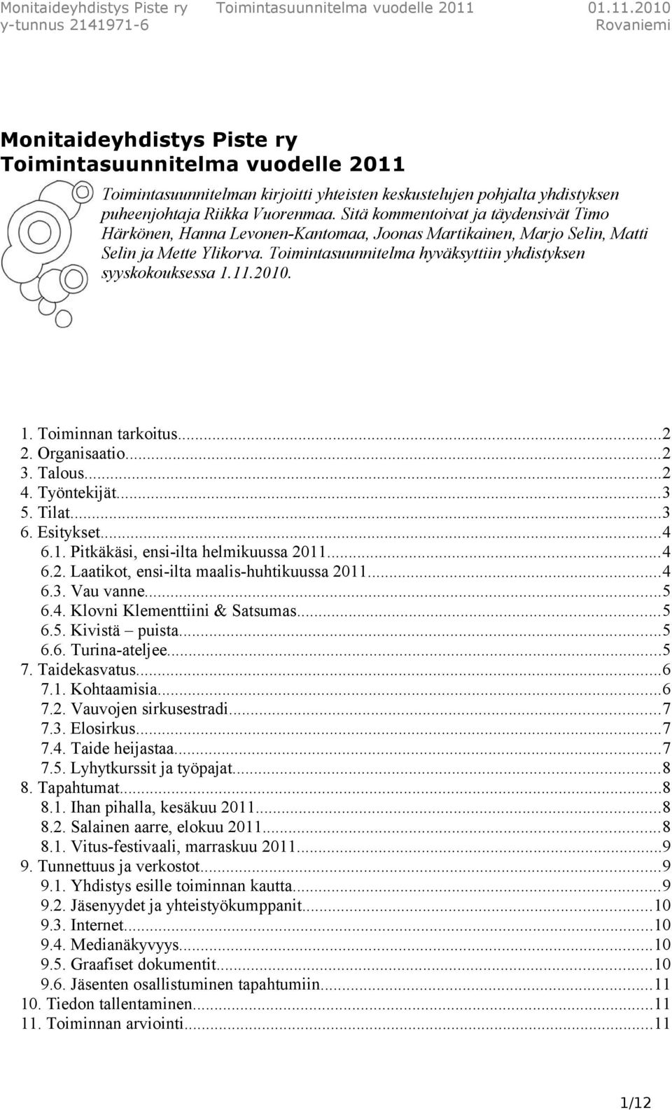11.2010. 1. Toiminnan tarkoitus...2 2. Organisaatio...2 3. Talous...2 4. Työntekijät...3 5. Tilat...3 6. Esitykset...4 6.1. Pitkäkäsi, ensi-ilta helmikuussa 2011...4 6.2. Laatikot, ensi-ilta maalis-huhtikuussa 2011.