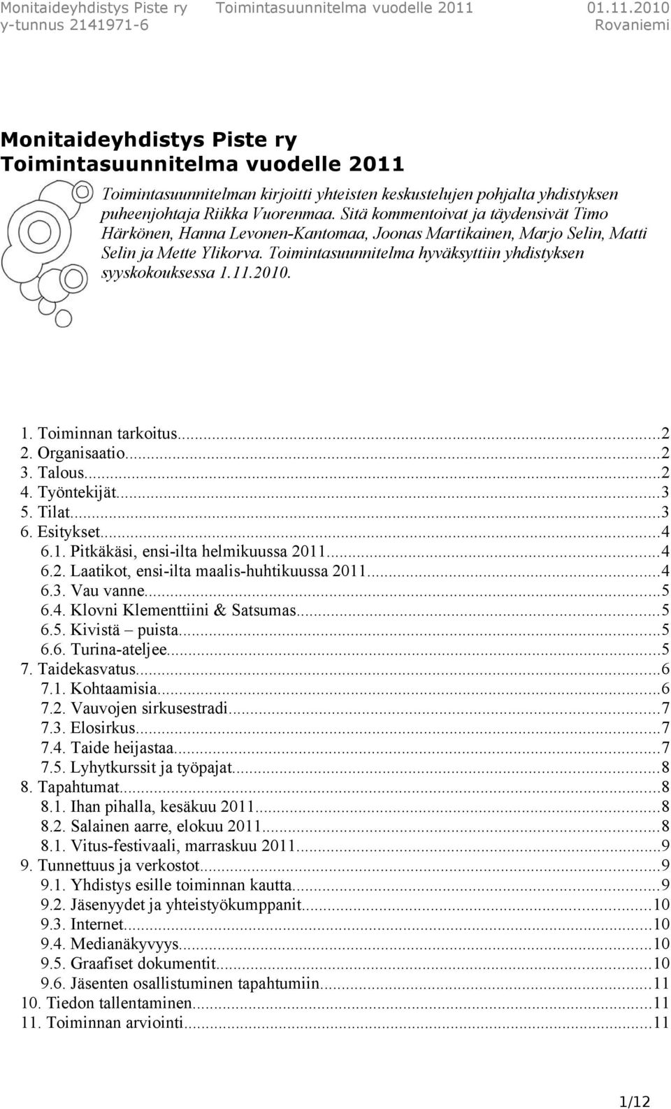 11.2010. 1. Toiminnan tarkoitus...2 2. Organisaatio...2 3. Talous...2 4. Työntekijät...3 5. Tilat...3 6. Esitykset...4 6.1. Pitkäkäsi, ensi-ilta helmikuussa 2011...4 6.2. Laatikot, ensi-ilta maalis-huhtikuussa 2011.