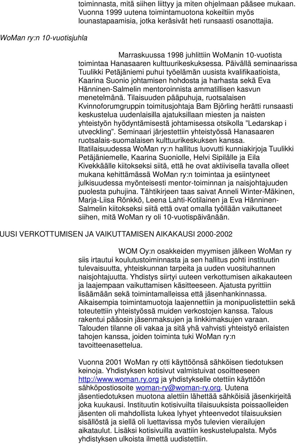 Marraskuussa 1998 juhlittiin WoManin 10-vuotista toimintaa Hanasaaren kulttuurikeskuksessa.