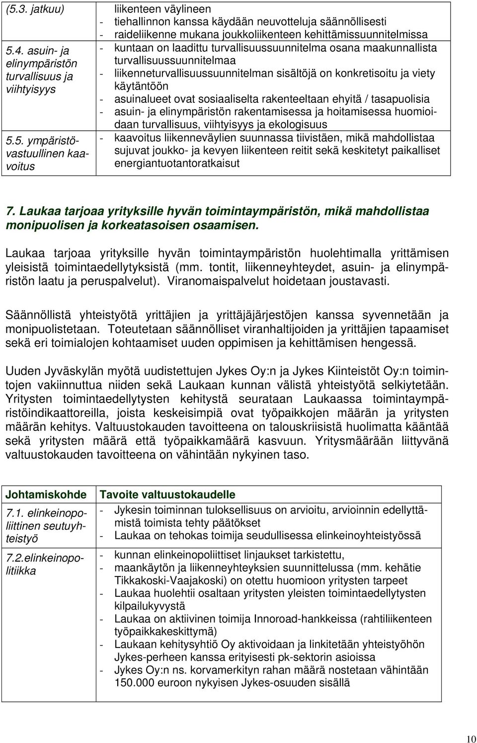 5. ympäristövastuullinen kaavoitus - kuntaan on laadittu turvallisuussuunnitelma osana maakunnallista turvallisuussuunnitelmaa - liikenneturvallisuussuunnitelman sisältöjä on konkretisoitu ja viety