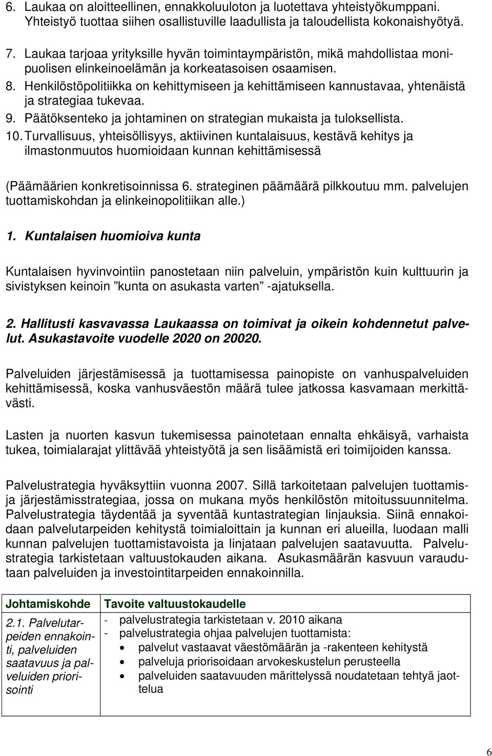 Henkilöstöpolitiikka on kehittymiseen ja kehittämiseen kannustavaa, yhtenäistä ja strategiaa tukevaa. 9. Päätöksenteko ja johtaminen on strategian mukaista ja tuloksellista. 10.