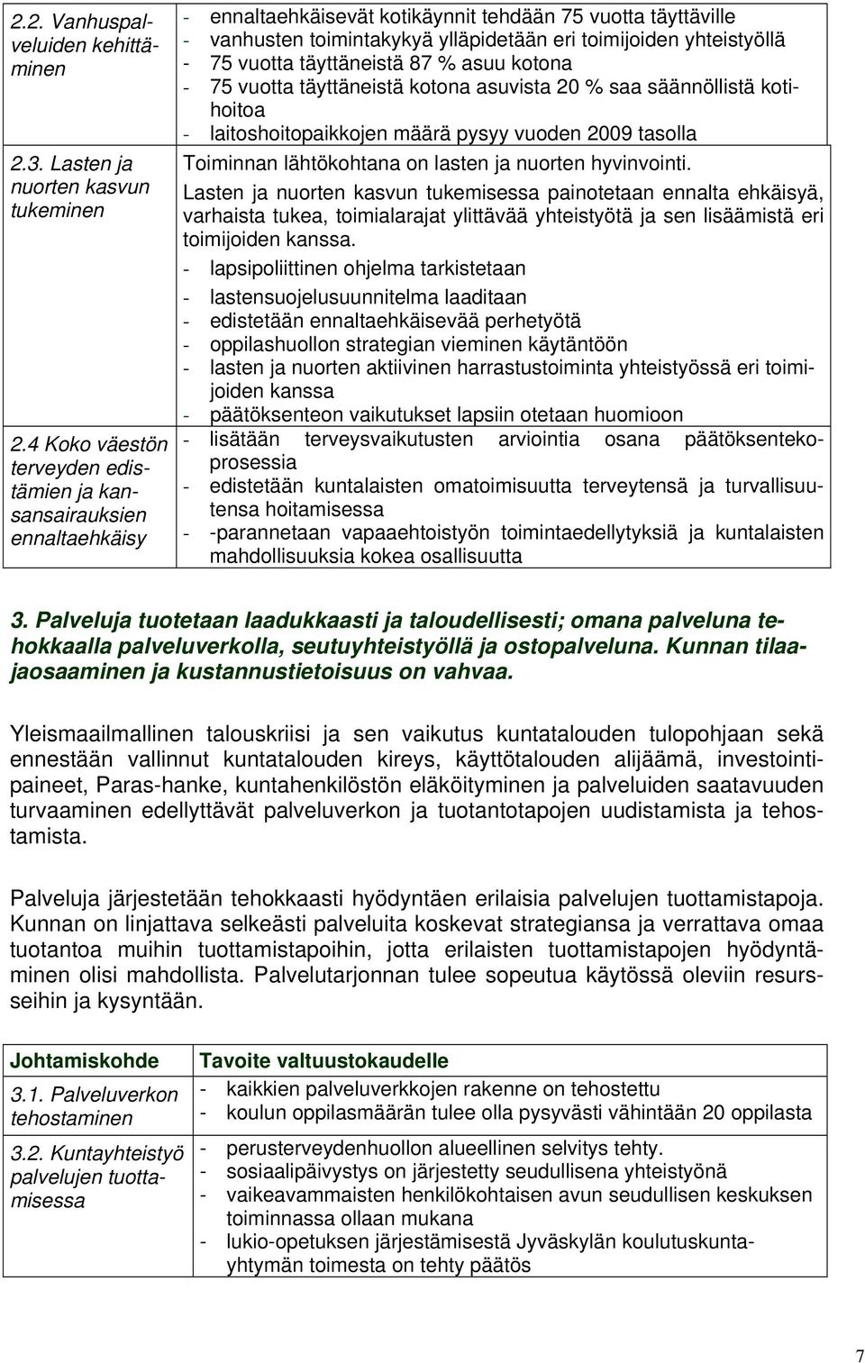 yhteistyöllä - 75 vuotta täyttäneistä 87 % asuu kotona - 75 vuotta täyttäneistä kotona asuvista 20 % saa säännöllistä kotihoitoa - laitoshoitopaikkojen määrä pysyy vuoden 2009 tasolla Toiminnan