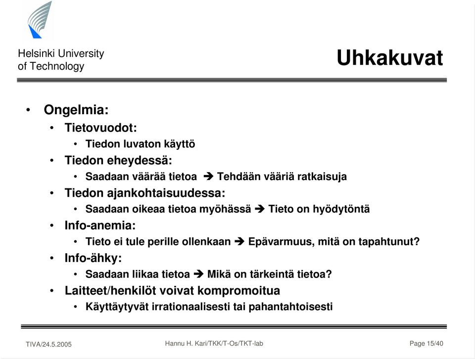 perille ollenkaan Epävarmuus, mitä on tapahtunut? Info-ähky: Saadaan liikaa tietoa Mikä on tärkeintä tietoa?