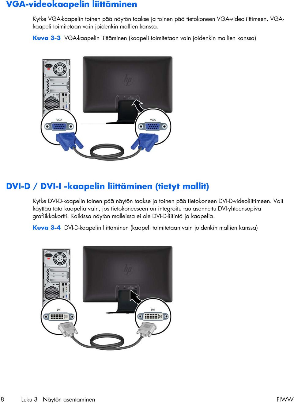 näytön taakse ja toinen pää tietokoneen DVI-D-videoliittimeen. Voit käyttää tätä kaapelia vain, jos tietokoneeseen on integroitu tau asennettu DVI-yhteensopiva grafiikkakortti.