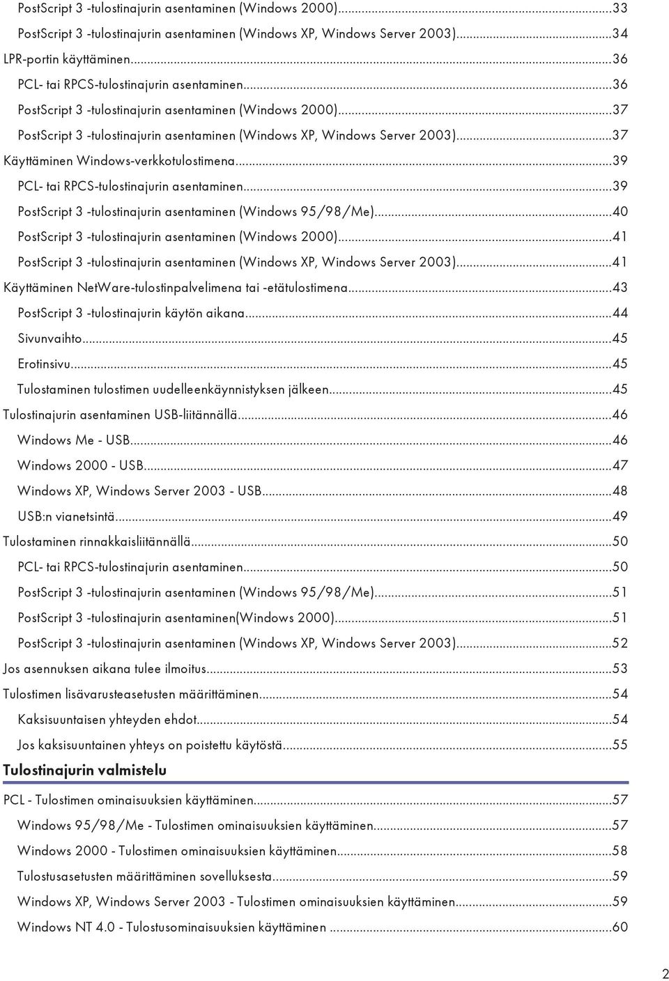 ..37 Käyttäminen Windows-verkkotulostimena...39 PCL- tai RPCS-tulostinajurin asentaminen...39 PostScript 3 -tulostinajurin asentaminen (Windows 95/98/Me).