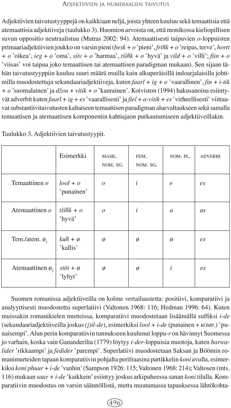 Atemaattisesti taipuvien o-loppuisten primaariadjektiivien joukko on varsin pieni (besk + o pieni, fri hk + o reipas, terve, hortt + o oikea, ieg + o oma, siiv + o harmaa, tvsi hk + o hyvä ja vild +