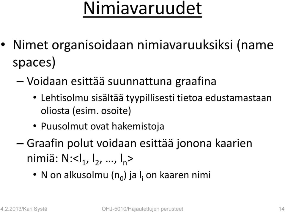 osoite) Puusolmut ovat hakemistoja Graafin polut voidaan esittää jonona kaarien nimiä: N:<l 1,