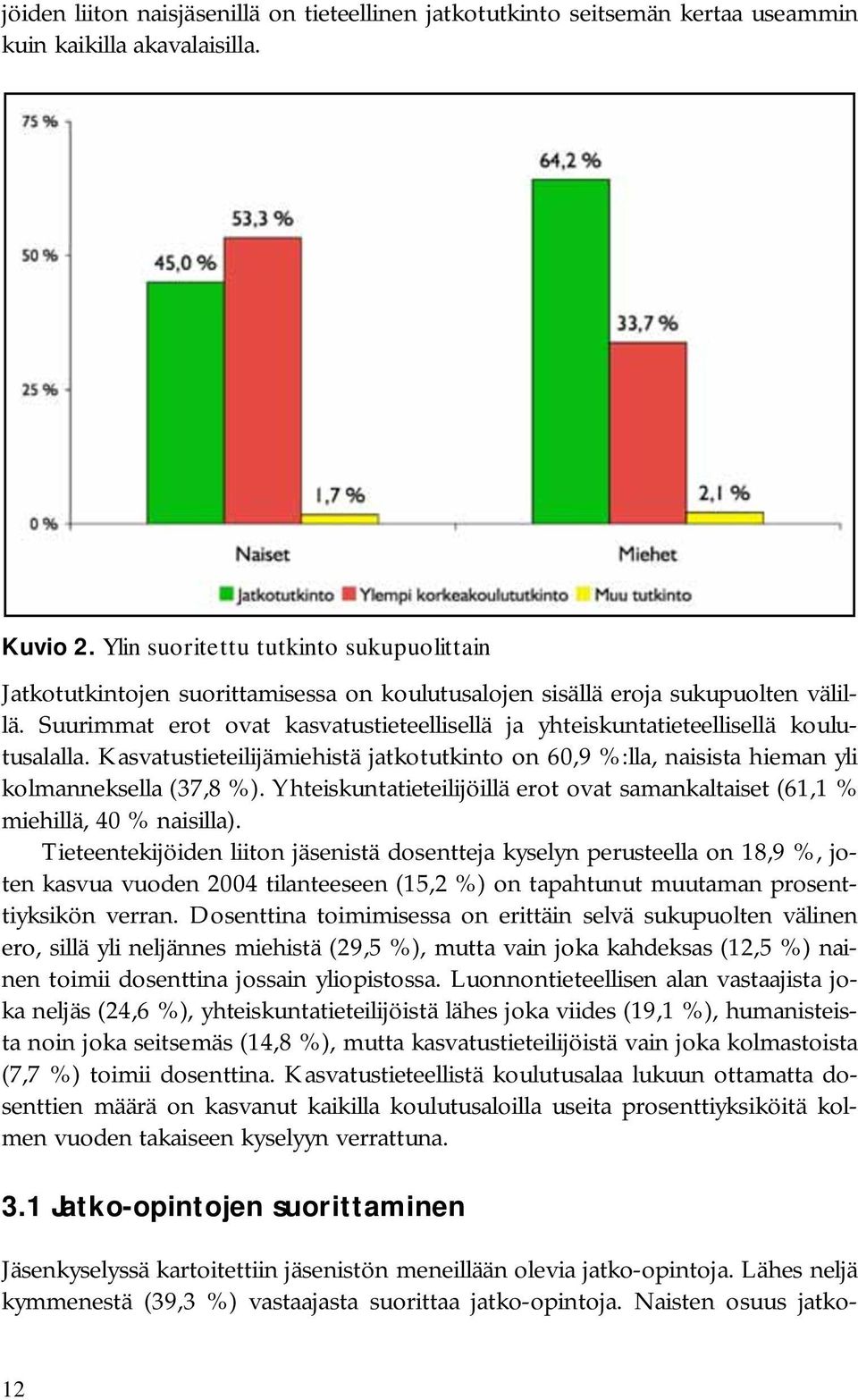 Suurimmat erot ovat kasvatustieteellisellä ja yhteiskuntatieteellisellä koulutusalalla. Kasvatustieteilijämiehistä jatkotutkinto on 60,9 %:lla, naisista hieman yli kolmanneksella (37,8 %).