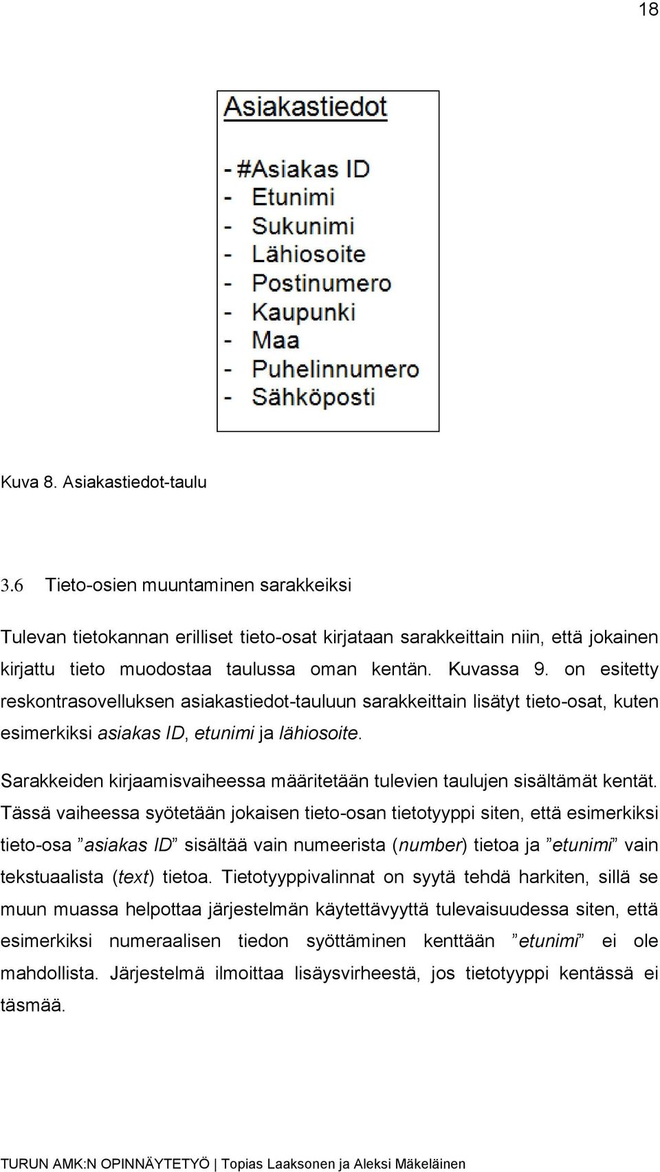 on esitetty reskontrasovelluksen asiakastiedot-tauluun sarakkeittain lisätyt tieto-osat, kuten esimerkiksi asiakas ID, etunimi ja lähiosoite.