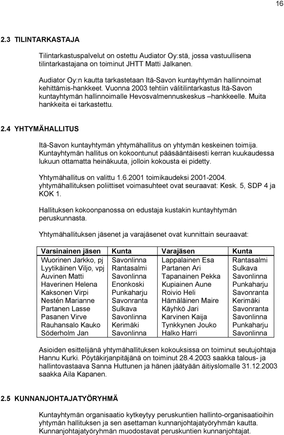 Muita hankkeita ei tarkastettu. 2.4 YHTYMÄHALLITUS Itä-Savon kuntayhtymän yhtymähallitus on yhtymän keskeinen toimija.