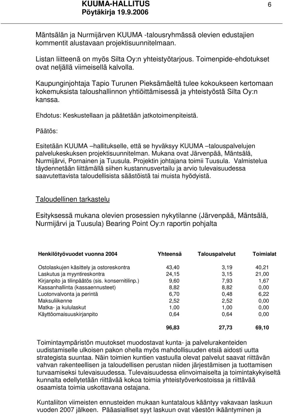 Kaupunginjohtaja Tapio Turunen Pieksämäeltä tulee kokoukseen kertomaan kokemuksista taloushallinnon yhtiöittämisessä ja yhteistyöstä Silta Oy:n kanssa.