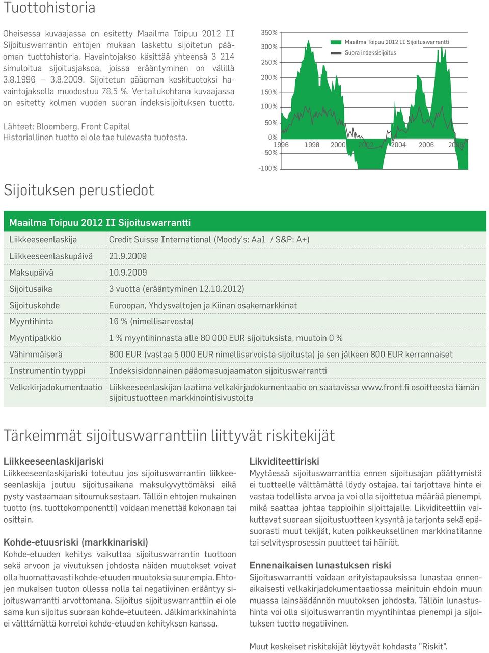 Vertailukohtana kuvaajassa on esitetty kolen vuoden suoran indeksisijoituksen tuotto.