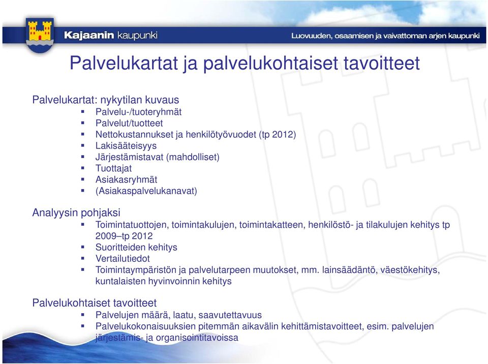 kehitys tp 2009 tp 2012 Suoritteiden kehitys Vertailutiedot Toimintaympäristön ja palvelutarpeen muutokset, mm.